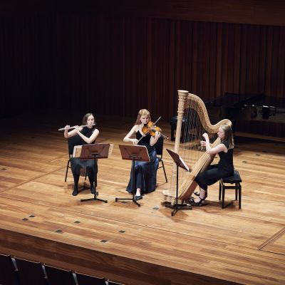Chamber trio with harp, flute and viola perform on stage in Milton Court